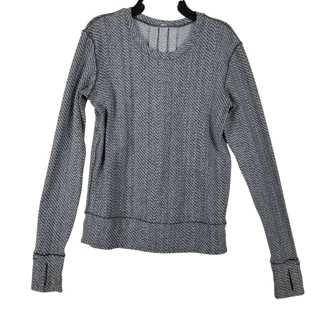 Lululemon Herringbone Long Sleeve Top Grey White Thumbholes Zip Pocket Womens 2